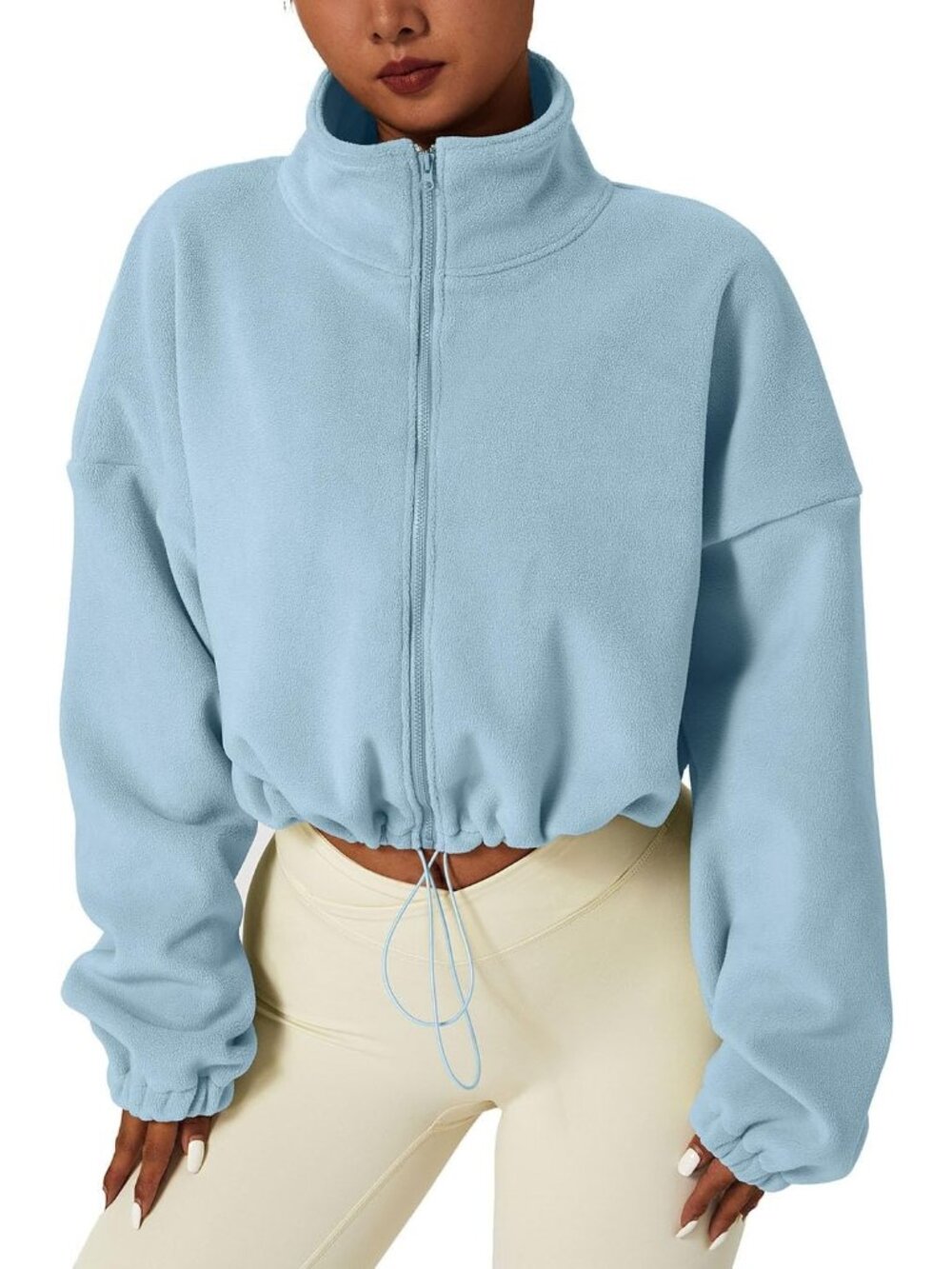 Womens Dusty Blue Fleece Full ZIP Stand Collar Baggy Cropped Short Sherpa Jacket